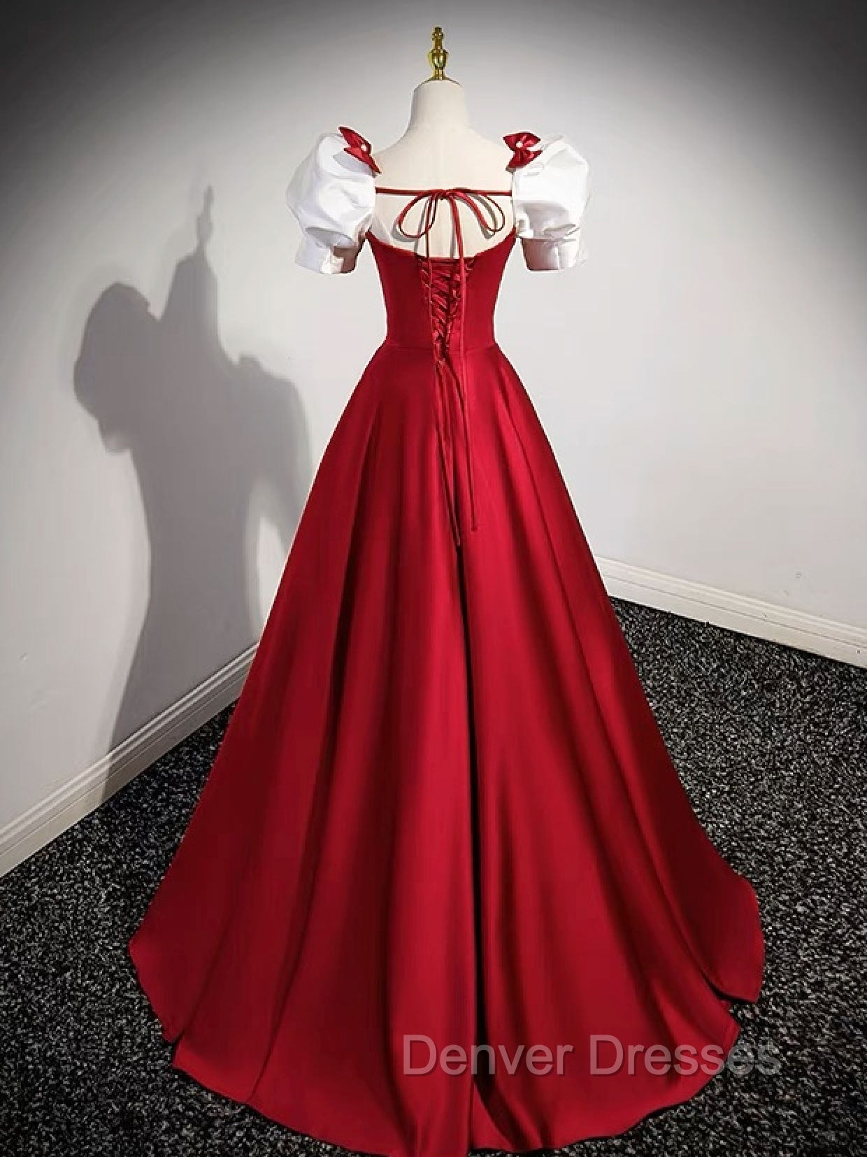 A-Line Satin Burgundy Long Prom Dress, Puffy Sleeve Formal Evening Dress
