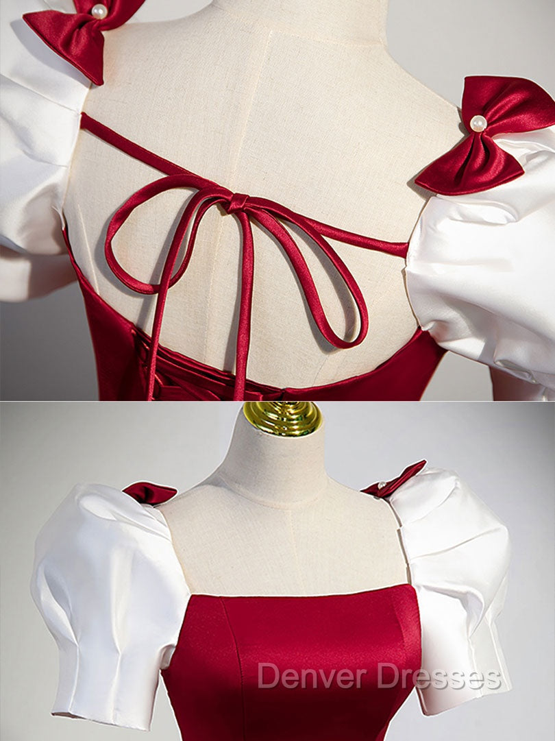 A-Line Satin Burgundy Long Prom Dress, Puffy Sleeve Formal Evening Dress