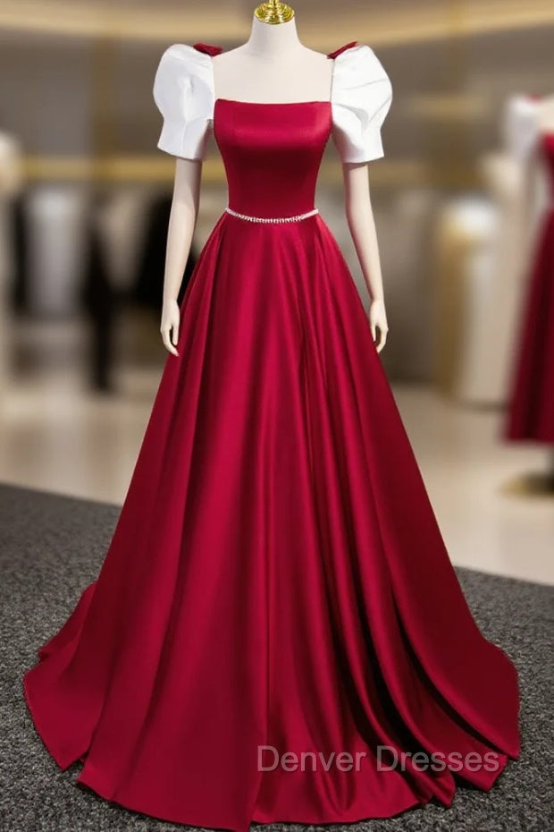 A-Line Satin Burgundy Long Prom Dress, Puffy Sleeve Formal Evening Dress Main image