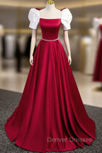 A-Line Satin Burgundy Long Prom Dress, Puffy Sleeve Formal Evening Dress