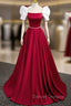 A-Line Satin Burgundy Long Prom Dress, Puffy Sleeve Formal Evening Dress
