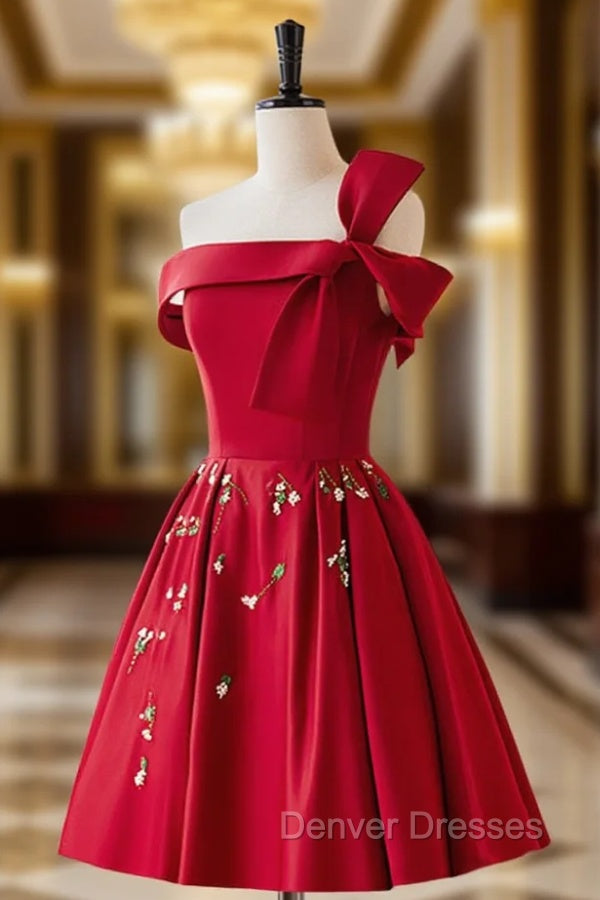 A-Line Satin Burgundy Short Prom Dress, Burgundy Homecoming Dress with Beading Main image