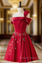 A-Line Satin Burgundy Short Prom Dress, Burgundy Homecoming Dress with Beading