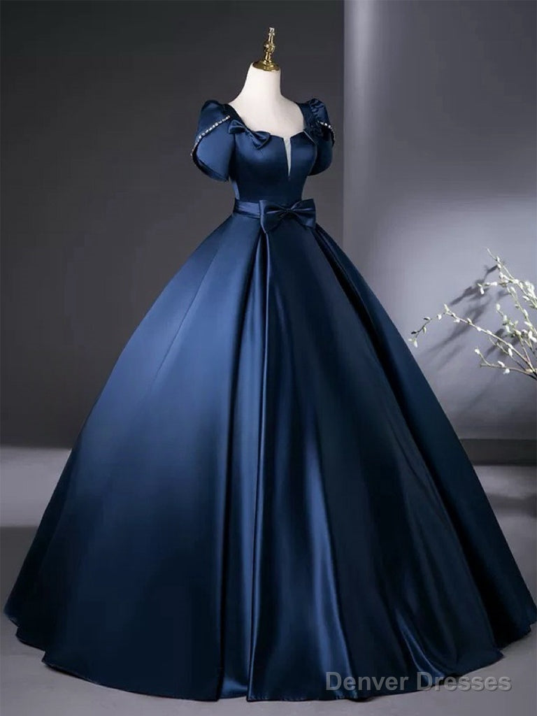 A-Line Satin Dark Blue Long Prom Dress, Dark Blue Long Formal Dress Secondary image