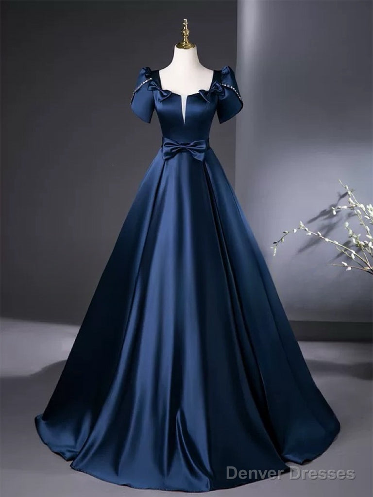 A-Line Satin Dark Blue Long Prom Dress, Dark Blue Long Formal Dress Main image