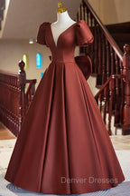 A-Line Satin Floor Length Prom Dress, Elegant Short Sleeve Evening Party Dress