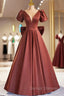 A-Line Satin Floor Length Prom Dress, Elegant Short Sleeve Evening Party Dress