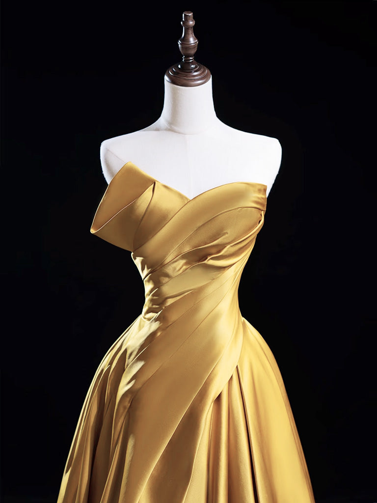 A-Line Satin Gold Long Prom Dress, Gold Long Formal Dress Secondary image