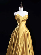 A-Line Satin Gold Long Prom Dress, Gold Long Formal Dress