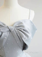 A-Line Satin Gray Long Prom Dress, Gray Long Formal Dress