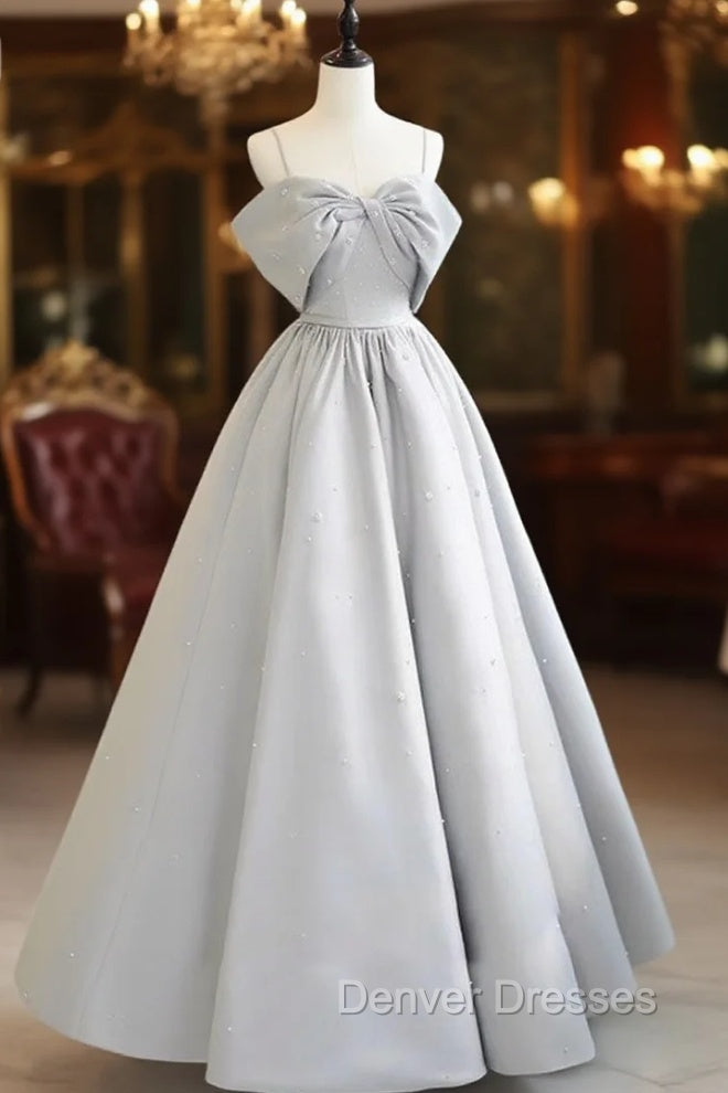 A-Line Satin Gray Long Prom Dress, Gray Long Formal Dress