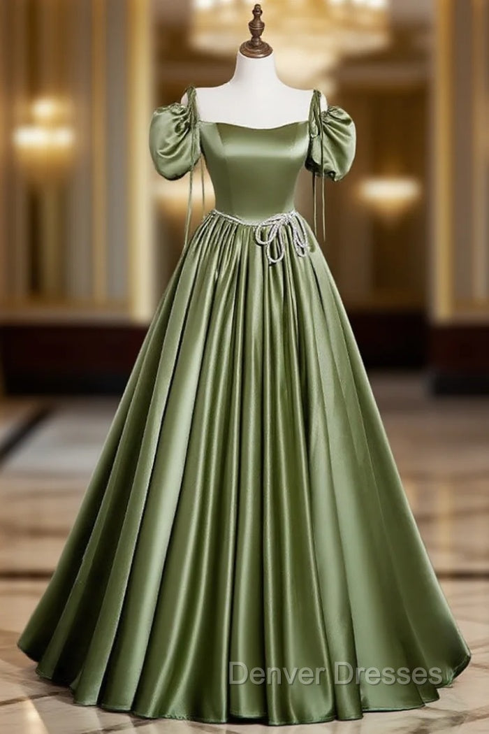 A-Line Satin Green Long Prom Dress, Green Formal Evening Dress