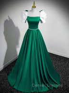 A-Line Satin Green Long Prom Dress, Green A-Line Formal Dress