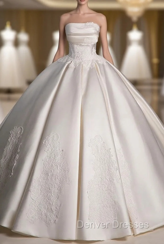 A-Line Satin Lace  ivory Long Wedding Dress, Lace Weeding Party Dress