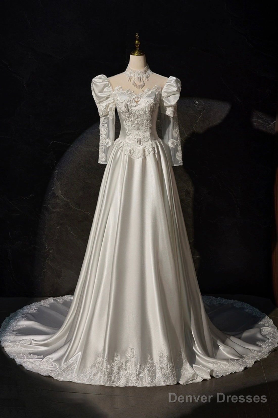 A-Line Satin Lace Long Sleeve Prom Dress, Elegant White High Neck Evening Prom Dress Main image