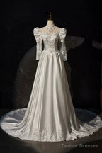 A-Line Satin Lace Long Sleeve Prom Dress, Elegant White High Neck Evening Prom Dress
