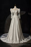 A-Line Satin Lace Long Sleeve Prom Dress, Elegant White High Neck Evening Prom Dress