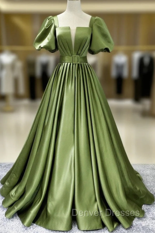 A line Satin Long Green Prom Dress, Green Formal Evening Graduation Dress Main image