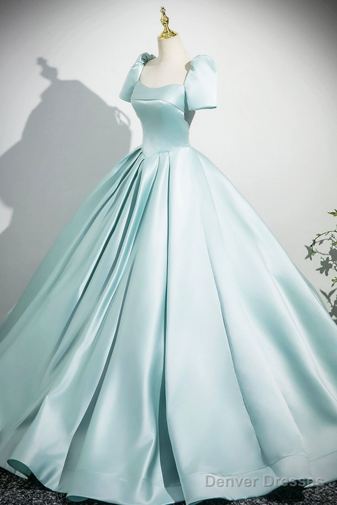 A-Line Satin Long Prom Dress, Beautiful Blue Short Sleeve Evening Party Dress
