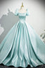 A-Line Satin Long Prom Dress, Beautiful Blue Short Sleeve Evening Party Dress