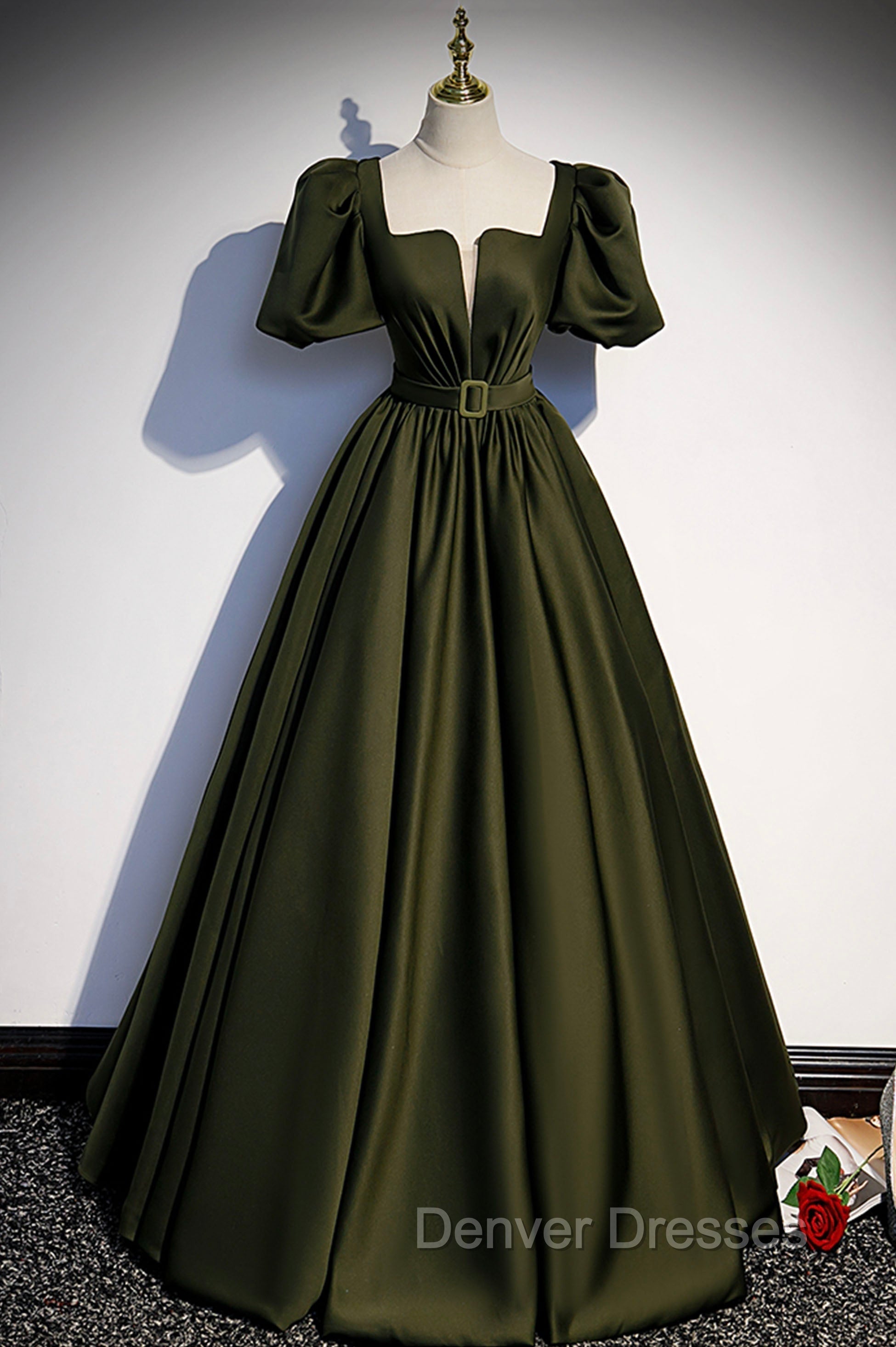 A-Line Satin Long Prom Dress, Dark Green Short Sleeve Evening Graduation Dress Main image