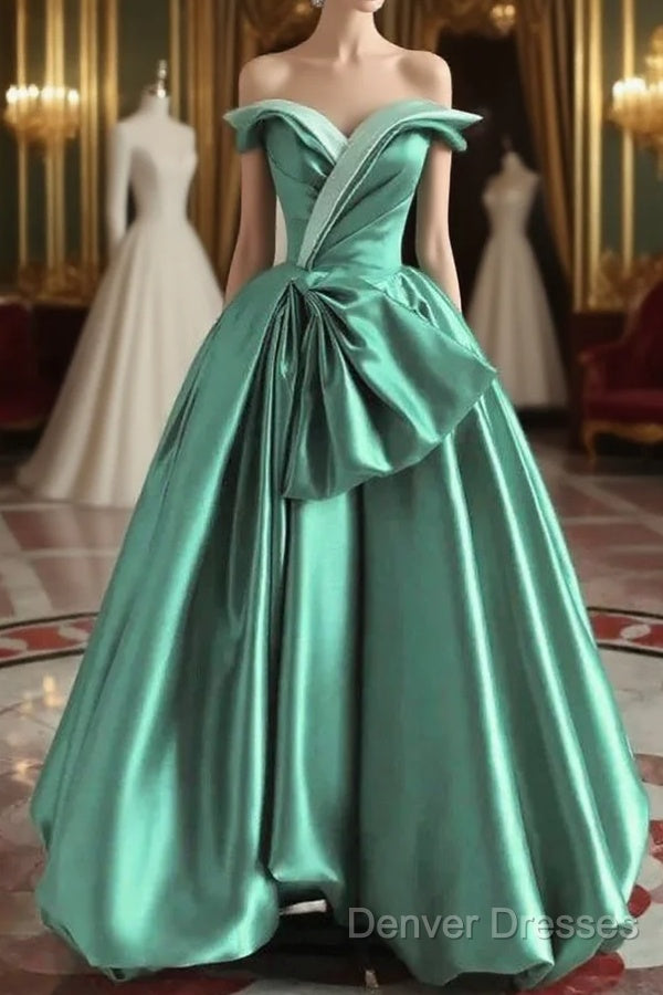 A-Line Satin Off-The-Shoulder Long Prom Dress Wedding Dress