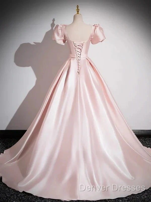 A-Line Satin Pink Quinceanera Dress Long Prom Dress With Bows Short Sleeves Secondary image