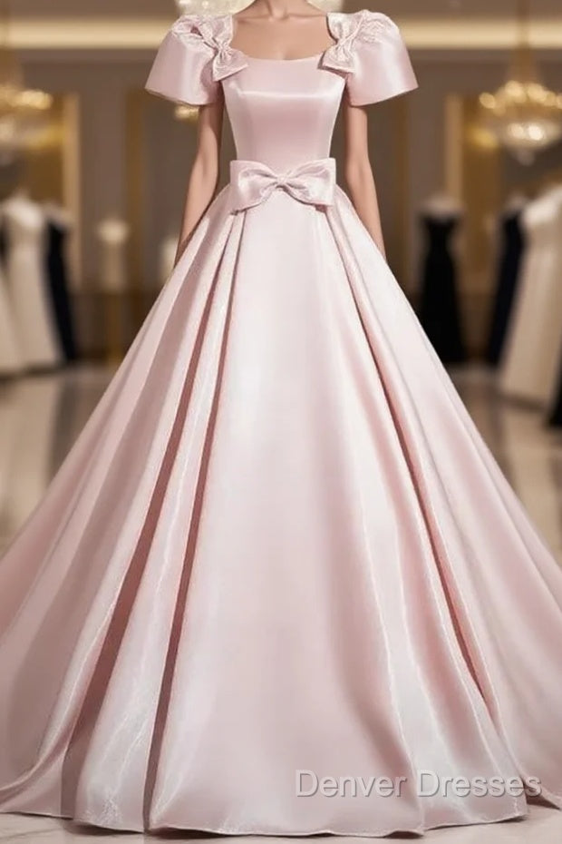 A-Line Satin Pink Quinceanera Dress Long Prom Dress With Bows Short Sleeves Main image