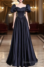 A-Line Satin Puff Sleeves Black Long Prom Dress, Black Long Evening Dress