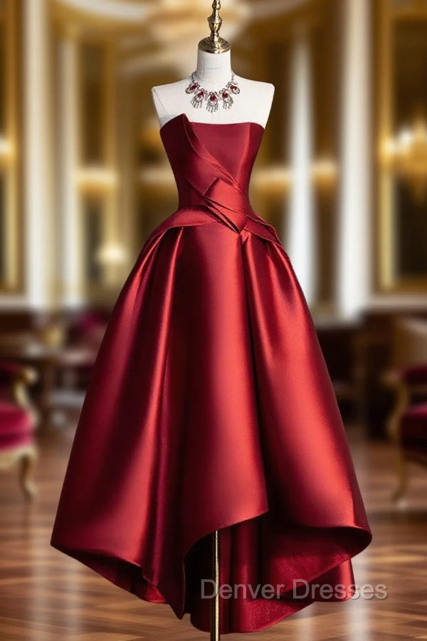 A-Line Satin Short Prom Dress, Burgundy Strapless High Low Party Dress Main image
