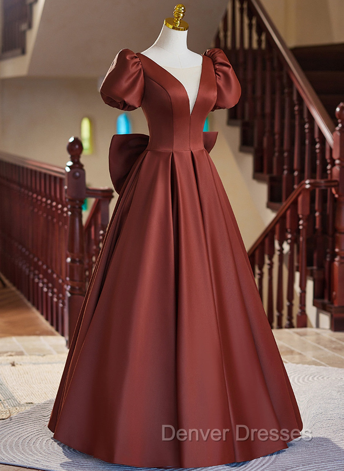 A-line Satin Short Sleeves Long Prom Dress, Satin Simple Evening Dress Secondary image