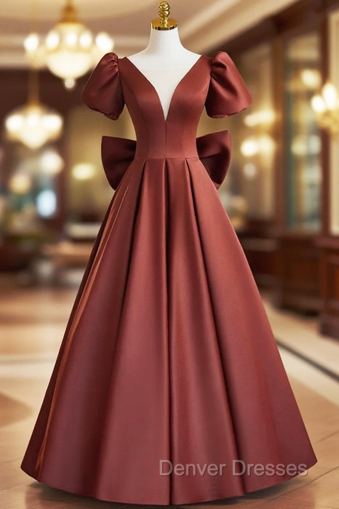 A-line Satin Short Sleeves Long Prom Dress, Satin Simple Evening Dress