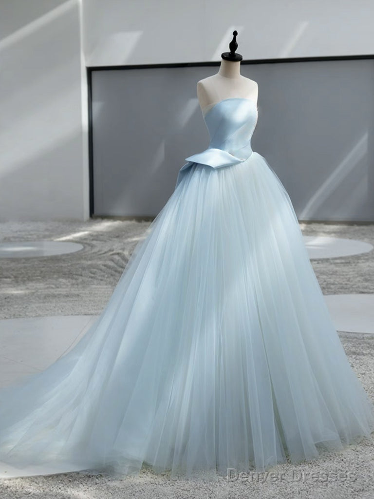 A-Line Satin Tulle Blue Long Prom Dress Formal Dress Off Shoulder Floor Length