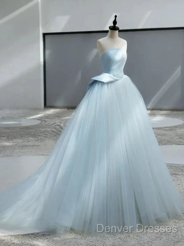 A-Line Satin Tulle Blue Quinceanera Dress Long Prom Dress Ball Gown Off Shoulder