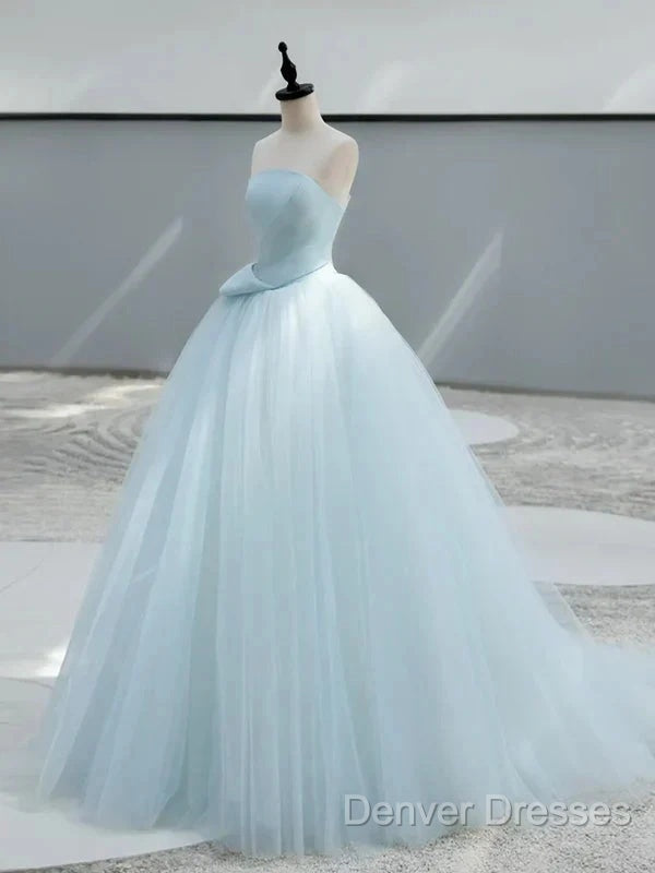 A-Line Satin Tulle Blue Quinceanera Dress Long Prom Dress Ball Gown Off Shoulder