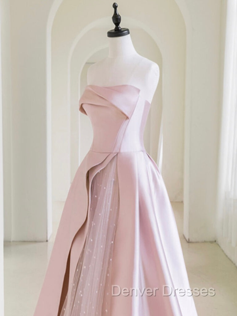 A-Line  Satin Tulle Pink Long Prom Dress, Pink Long Formal Dress Secondary image