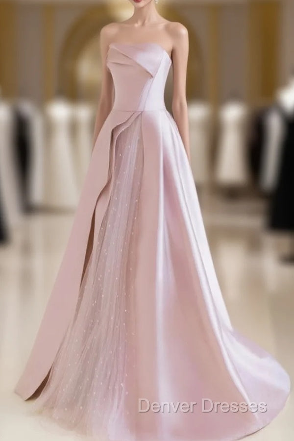 A-Line  Satin Tulle Pink Long Prom Dress, Pink Long Formal Dress Main image