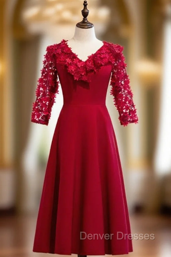 A-Line Satin V-neck Short Sleeve Flower Prom Dress Main image