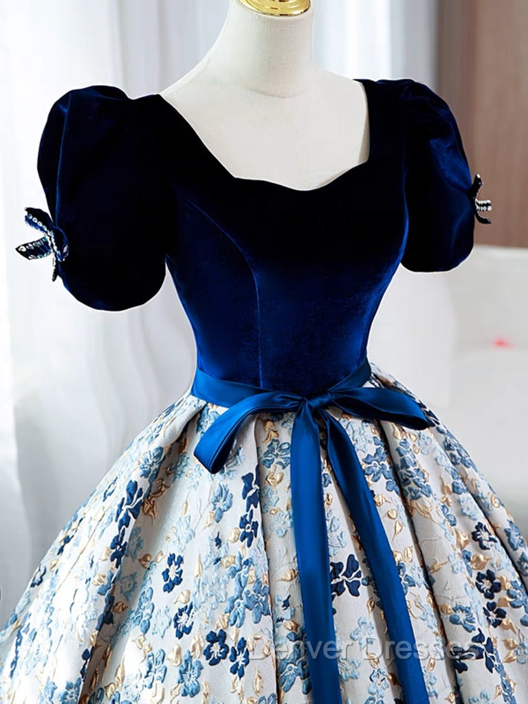 A-Line Satin Velvet Blue Long Prom Dress, Blue Long Formal Dress Secondary image