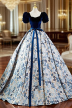 A-Line Satin Velvet Blue Long Prom Dress, Blue Long Formal Dress