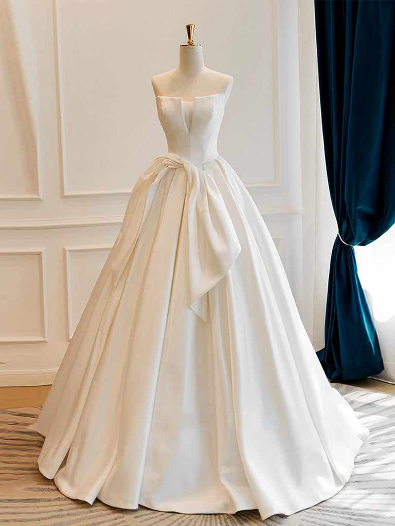 A-Line Satin White Long Prom Dress, White Long Formal Dress