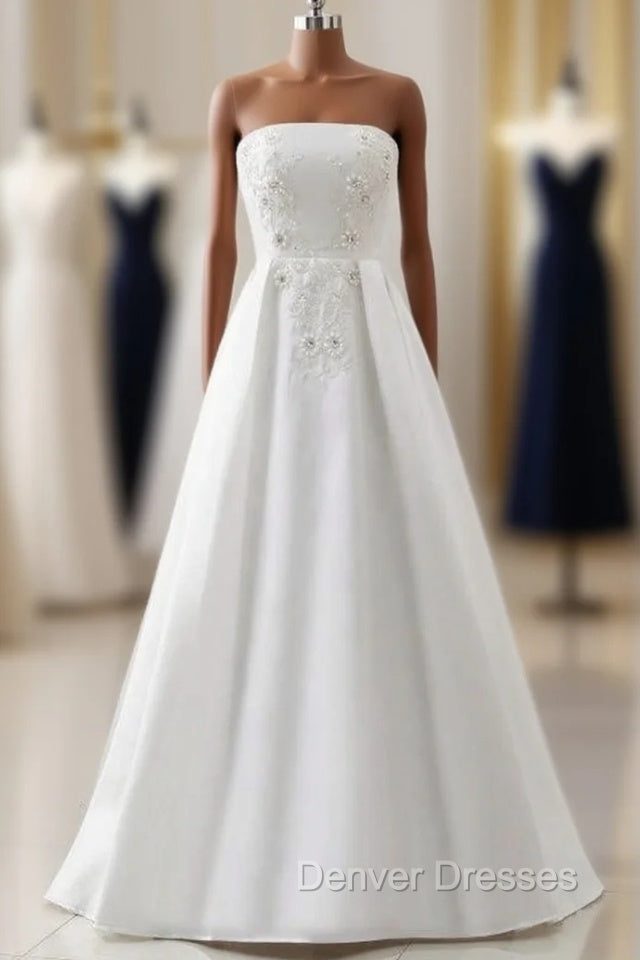 A-Line Satin White Strapless Appliques Beading Floor Length Wedding Dress Main image