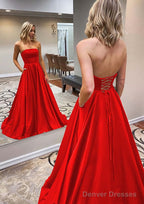 A-line Scalloped Neck Sweep Train Satin Prom Dresses With Pockets
