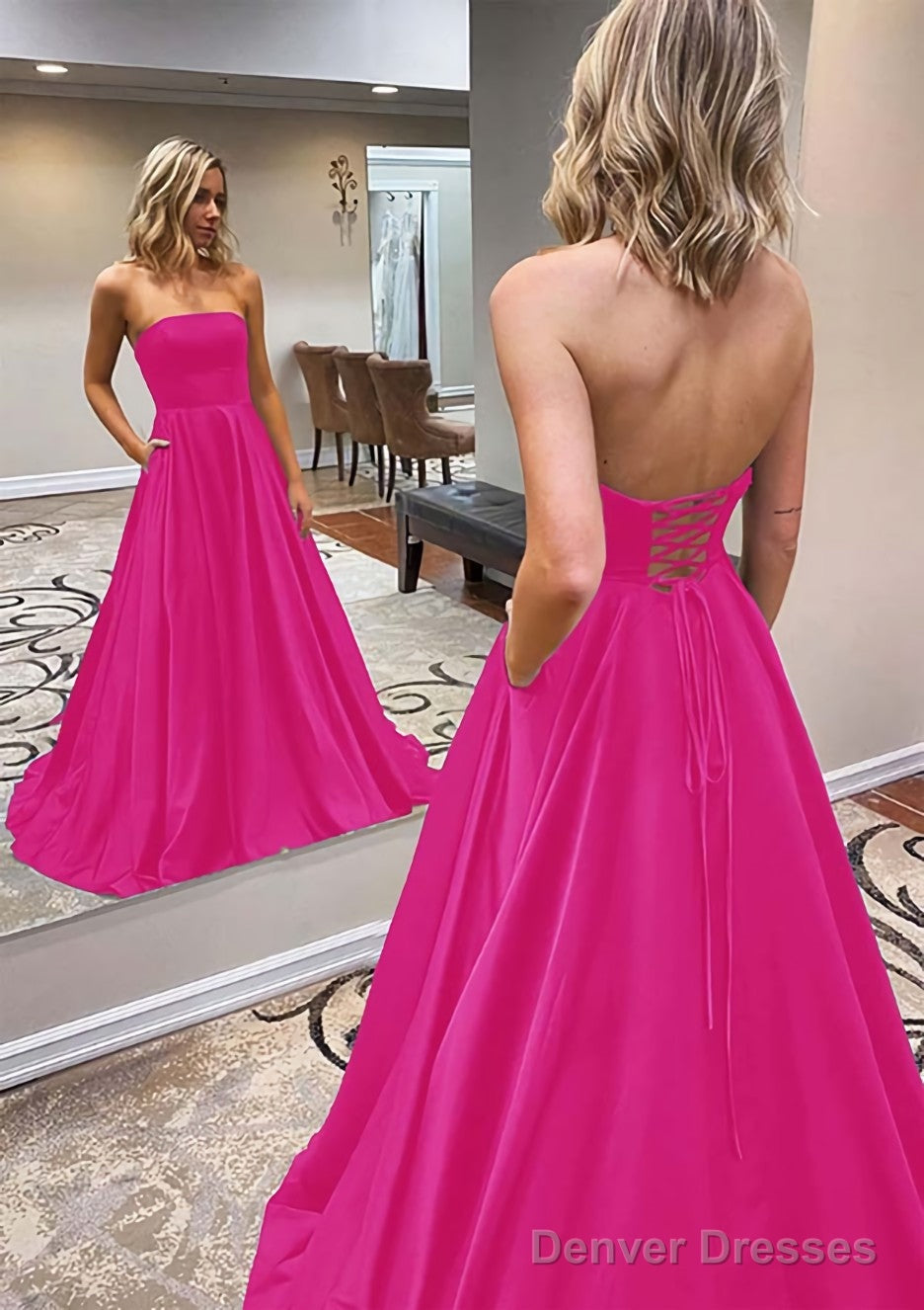 A-line Scalloped Neck Sweep Train Satin Prom Dresses With Pockets