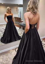 A-line Scalloped Neck Sweep Train Satin Prom Dresses With Pockets
