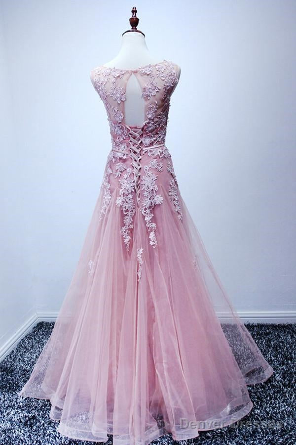 A-Line Scoop Floor-Length Pink Tulle Open Back Prom Dress With Appliques