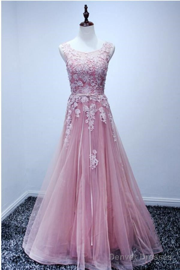 A-Line Scoop Floor-Length Pink Tulle Open Back Prom Dress With Appliques Main image