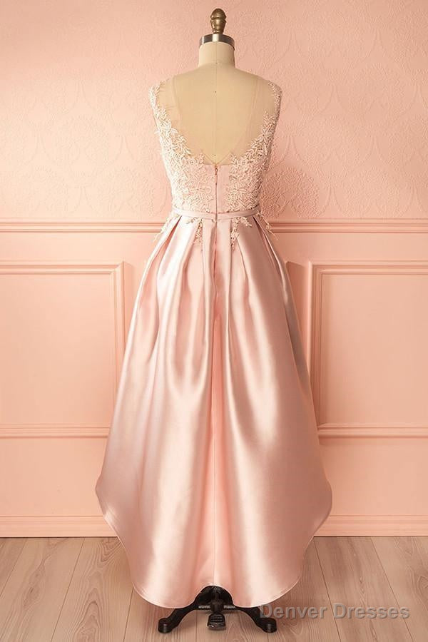 A-Line Scoop High Low Pink Satin Homecoming Dress With Appliques