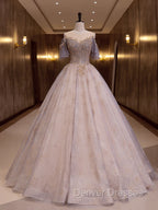 A-Line Scoop Neckline Gray Blue Long Prom Dress, Tulle Lace Long Evening Dress