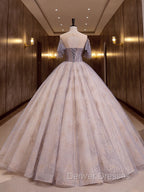 A-Line Scoop Neckline Gray Blue Long Prom Dress, Tulle Lace Long Evening Dress